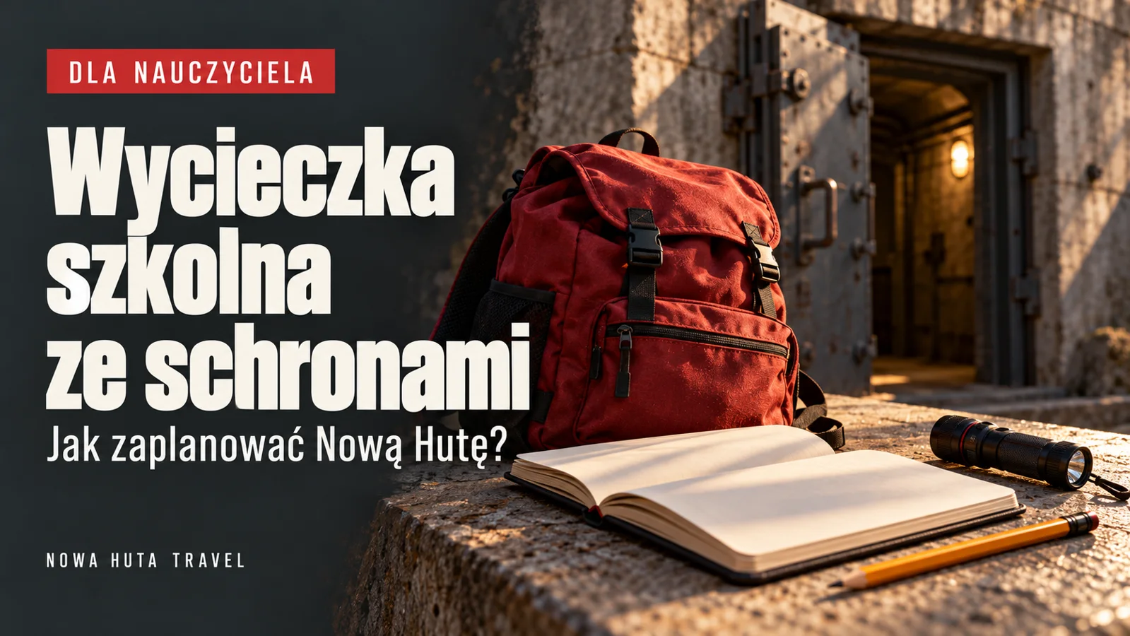 Ilustracja poradnika dla nauczyciela: czerwony plecak, notes i latarka przy wejściu do schronu.
